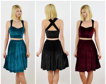 Grace Modern Cocktail Evening Dress Co Ord in Red/Teal/Black Stretch Velvet. Elegant Two Piece Crop Top and Skirt Women's Party Dress.