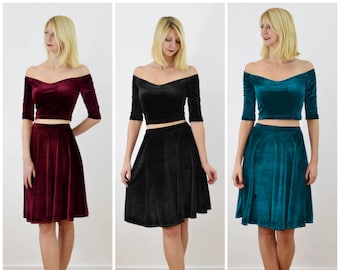 Coco Off Shoulder Velvet Evening Two Piece Dress. Vintage Style Decolletage Christmas Party Dress with Velvet Crop Top and Skater Skirt