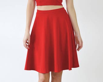 SKATER SKIRT | Womens Red Skater Skirt. High Waisted Midi Skirt. Swishy Stretch Jersey Dance Skirt. Womens Knee Length Circle Skirt