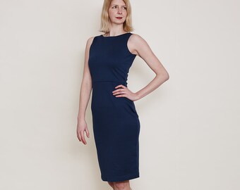 MARILYN | Scoop Neck Bodycon Dress in Navy. Navy Blue Pencil Dress. Fitted Jersey Dress. Sleeveless Summer Dresses. Smart Summer Dress