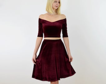 COCO | 2-Piece Stretch Velvet Dress Outfit. Off Shoulder Crop Top with Plush Skater Skirt Velour Christmas Party Dress in Red
