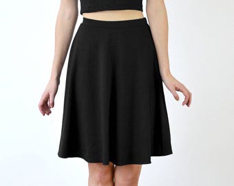 SKATER SKIRT | Black Womens Skater Skirt with High Waist. Stretch Jersey Elastic Waist Knee Length Skirt. Womens Everyday A-Line Black Skirt