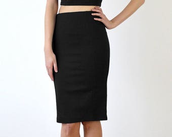 PENCIL SKIRT | Womens High Waisted Pencil Skirt, Black Pencil Skirt, Stretch Bodycon Skirt, Wiggle Skirt, Midi Knee Length Skirt in Black