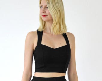 STRAPPY CROP TOP | Sweetheart Neck Black Crop Top. 30s 40s Vintage Style Summer Top. Fitted Jersey Bralet Top with Cross Back Straps