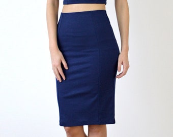 Wedding Bride Bridesmaid High Waist Panelled Navy Pencil Skirt. Knee Length Blue Fitted Tube Skirt for Summer Wedding Guest Special Occasion