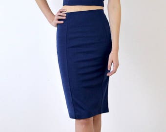 PENCIL SKIRT | Womens High Waisted Midi Pencil Skirt in Navy Blue. Vintage Style Knee Length Bodycon Fitted Skirt with Back Pleat