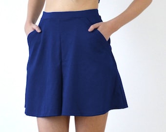 HIGH WAIST SHORTS | Navy A-Line Culottes Shorts with Pockets. High Elastic Waist Blue Skirt Shorts for Women. Jersey Mini Skort