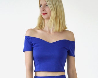 WEDDING CROP TOP | Off the Shoulder Wedding Top in Royal Blue. Special Occasion Crop Top.  Blue Bridal Crop Top.