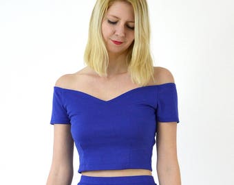 OFF SHOULDER TOP | Off the Shoulder Top in Royal Blue. Bardot Crop Top. Womens Crop Tops. Short Sleeve Cropped Top