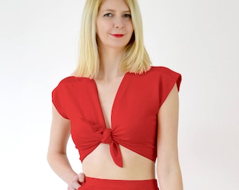 TIE UP TOP | Summer Wrap Tie Up Beach Crop Top in Red. Women's Beach Cover-Up Tie Front Top. Vintage Style Short Sleeve Tie Up Crop Top