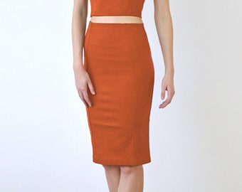 PENCIL SKIRT | High Waisted Panelled Pencil Skirt in Burnt Orange. Jersey Pencil Skirt. Womens Fitted Midi Skirt. Knee Length Tube Skirt