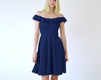 Handmade Navy Blue Off Shoulder Skater Dress - Ruffle Neck Sundress