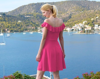 Hot Pink Off-Shoulder Skater Dress, Ruffle Neck, Vintage Style