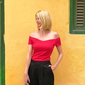 Red Off Shoulder Top. Red Summer Top. Womens Off the Shoulder Top. Red Off Shoulder T-Shirt with Secret Support. Red Fitted Summer Top