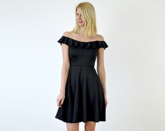 GINGER | Knee Length Skater Dress with Shoulder Ruffle. Off-Shoulder Bardot Summer Dress. Jersey Midi Dress in Black