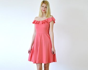 Off Shoulder Skater Dress | Coral Off-Shoulder Midi Dress with Ruffle Trim. Bardot Neck Circle Skirt Summer Dress in Light Pink. Size Small
