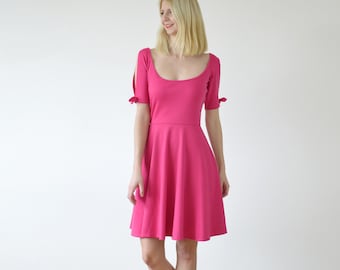 NANETTE | Pink Summer Dress. Hot Pink Skater Dress. Vintage Style Dress. Deep Scoop Neck Dress. Midi Summer Dresses