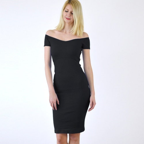 BARDOT | Sexy Off Shoulder Little Black Pencil Dress with Scoop Back. Wide Neck Christmas Party Special Occasion Jersey Bandage Dress