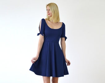 NANETTE | Navy Summer Skater Skirt Dress with Open Sleeves and Tie Up Detail. Wide Scoop Neck Dress with Split Sleeve Shoulder Circle Skirt