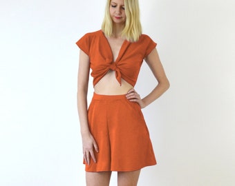 AVA | Women's Two Piece Tie Up Top and Shorts Set in Burnt Orange. Women's Beach Outfit. Summer Co-Ords. Crop Top Culottes Set