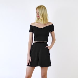 PEGGY | Off Shoulder Crop Top & Matching High Waist Shorts Set in Black. Vintage Style Top and Culottes Two Piece Beach Outfit