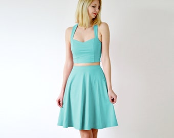 GRACE |  Two-Piece Crop Top & Skater Skirt Set in Mint Green/Aqua Blue. Womens Top and High Waist Skirt Two Piece Dress