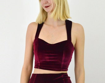 VELVET CROP TOP | Strappy Sweetheart Red Velvet Crop Top with Cross Back Straps. Panelled Velour Bodycon Going Out/Party/Xmas Top in Red