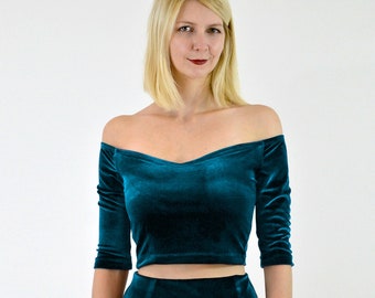 VELVET CROP TOP | Stretch Velvet Off the Shoulder Top in Teal Blue.  Christmas Party Long Sleeve Crop Top