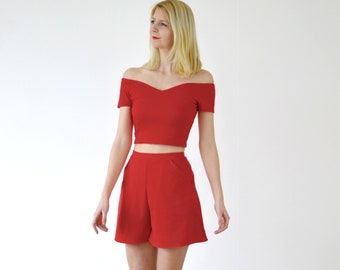 PEGGY | Vintage Style Off Shoulder Top & Shorts Set in Red. Women's Two Piece Summer Co-Ords Set. Womens Top and Matching Shorts Set