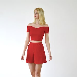 PEGGY | Vintage Style Off Shoulder Top & Shorts Set in Red. Women&#39;s Two Piece Summer Co-Ords Set. Womens Top and Matching Shorts Set