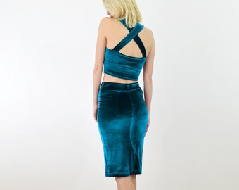 KIRSTEN | Two Piece Bralet & Pencil Skirt. Christmas Dress Set in Stretch Teal Blue Velvet. Womens Velour Co-Ords Outfit