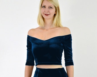 VELVET CROP TOP | Off the Shoulder Crop Top in Navy Blue Velvet. Velvet Party Top.  Christmas Party Top. Womens Velour Top
