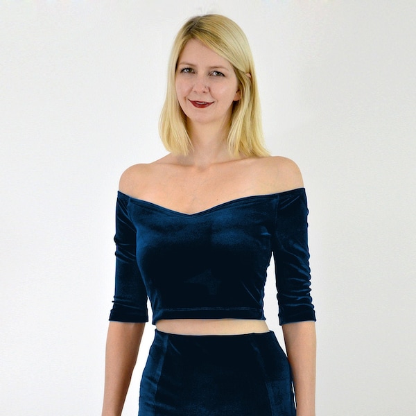 VELVET CROP TOP | Off the Shoulder Crop Top in Navy Blue Velvet. Velvet Party Top.  Christmas Party Top. Womens Velour Top