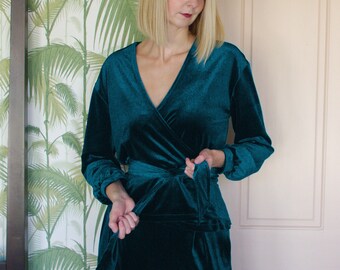 MYRNA / Teal Velvet Wrap Top. Blusa in velluto in stile vintage del 1930. Elegante Loungewear Wrap Top