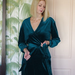 MYRNA | Teal Velvet Wrap Top. 1930s Vintage Style Velvet Blouse. Elegant Loungewear Wrap Top