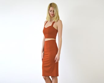 KIRSTEN | Two Piece Pencil Dress in Burnt Orange. Women's Summer Co-Ord Crop Top and Pencil Set. Vintage Style Orange Summer Dress