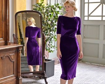 LOMBARD | Handmade Long Cocktail Dress in Purple Velvet. Velvet Party Dress. Elegant Evening/Occasion Dress. Velvet Bridesmaid Dress