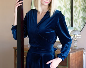 MYRNA / Top avvolgente manica lunga in velluto blu navy. Elegante Camicetta Velvet Wrap con Cravatte. 1930 Vintage Style Loungewear Top