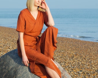 CO-ORDS | Handmade Cupro Kimono Wrap Top & Wide Leg Trousers Set. Matching Summer Set in Burnt Orange. Two Piece Jumpsuit. Sustainable Style