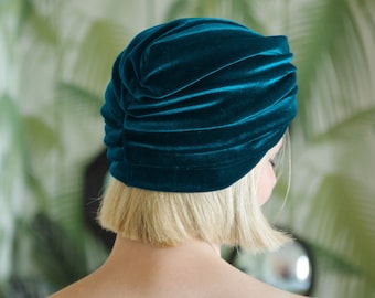 LOLA | Teal Blue Velvet Twist Front Lined Turban Hat. Luxury Vintage Style Winter Pleated Cloche Cap. Old Hollywood Christmas Gift for Her