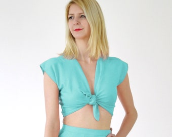 TIE UP TOP | Womens Tie Up Crop Top in Mint Green/Aqua Blue. Cropped Beach Cover Up Wrap Top. Vintage Style Top. Festival Crop Tops