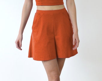 HIGH WAIST SHORTS | Nautical Style High Waist Short Culottes in Burnt Orange. Womens Orange Summer Shorts with Pockets. Flared Skirt Shorts