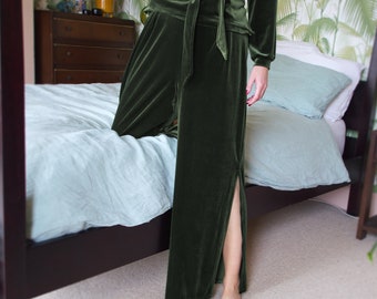 HEPBURN | Wide Leg Velvet Loungewear Trousers in Khaki Green. Velvet Palazzo Pants. Green Velvet Luxury Lounge Pants. Velvet Loungewear Set