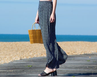 HEPBURN | High Waist Palazzo Pants in Spot Print. 1940s Style Wide Leg Women's Trousers. Spotty 1930s Beach Pyjama Trousers