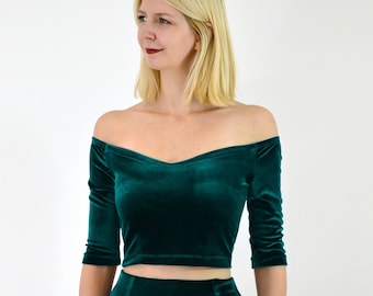VELVET CROP TOP | Green Velvet Crop Top. Velvet Off the Shoulder Top. Forest Green Top. Christmas Party Top