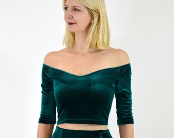 VELVET CROP TOP | Green Velvet Crop Top. Velvet Off the Shoulder Top. Forest Green Top. Christmas Party Top