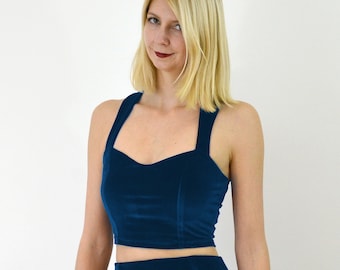 VELVET CROP TOP | Navy Blue Velvet Bralet Crop Top. Strappy Velvet Party/Christmas Top. Navy Cropped Top. Stretch Velvet Top. Velvet Bra Top