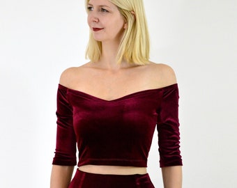 VELVET CROP TOP | Red Velvet Crop Top. Velvet Off the Shoulder Top. Burgundy Top. Christmas Party Top