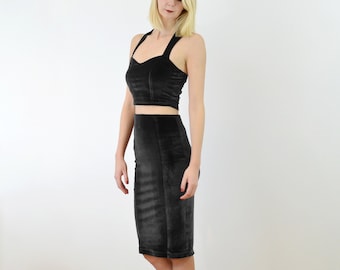 KIRSTEN | Two Piece Bralet and Pencil Skirt Christmassy Dress Set in Stretch Black Velvet. Women's Velour Co-Ords Outfit
