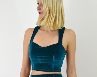 VELVET CROP TOP | Teal Blue Velvet Sweetheart Bralet Top. Vintage Style Party/Christmas Crop Top. Strappy Velvet Cropped Top